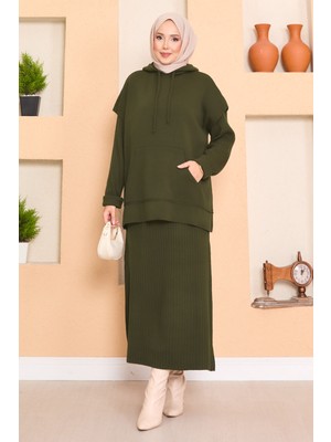RAF Kapüşonlu Süveter Detaylı Tesettür İkili Elbise Takım Haki