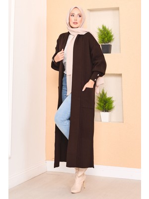 RAF Kol Ucu Düğmeli Şal Yaka Tesettür Triko Hırka Kahve