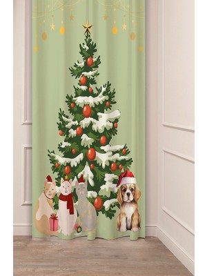 Greendecor Yılbaşı Çam Ağacı Noel Ağacı Kar Yeni Yıl Christmas Desenli Özel Tasarımlı Dijital Baskılı Fon Perde