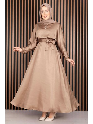 Md Beli Büzgülü Kuşaklı Tesettür Elbise Vizon