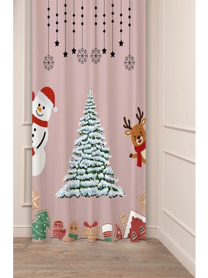 Greendecor Yılbaşı Çam Ağacı Noel Ağacı Kar Yeni Yıl Christmas Desenli Özel Tasarımlı Dijital Baskılı Fon Perde