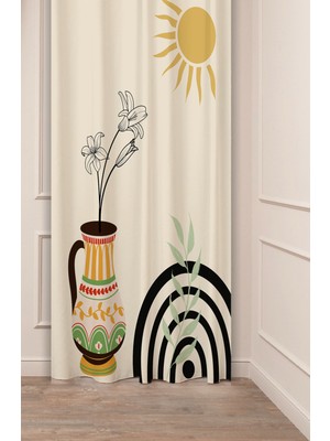 Greendecor Etnik Anadolu Motif Çiçek Pastel Bohem Özel Tasarım Dijital Baskılı (Tek Kanat) Bej Krem Fon Perde