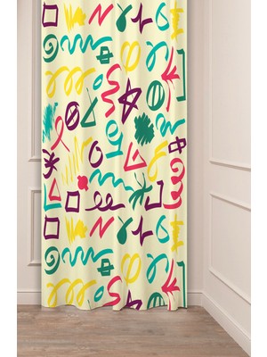 Greendecor Çiçekler Yaprak Çizgili Bohem Desenli Özel Tasarım Dijital Baskılı (Tek Kanat) Modern Şık Fon Perde