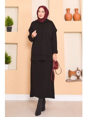RAF Kapüşonlu Süveter Detaylı Tesettür İkili Elbise Takım Siyah
