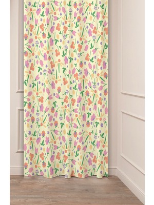 Greendecor Çiçekler Yaprak Çizgili Bohem Desenli Özel Tasarım Dijital Baskılı (Tek Kanat) Modern Şık Fon Perde