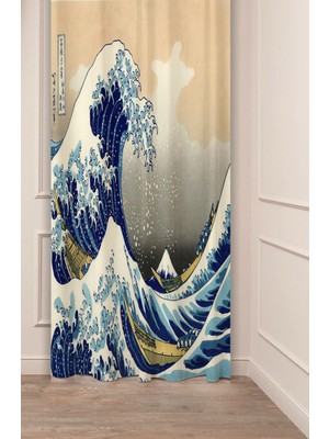 Greendecor Katsushika Hokusai Büyük Dalga Deniz Okyanus Ünli Eser Desenli Dijital Baskılı (Tek Kanat) Fon Perde
