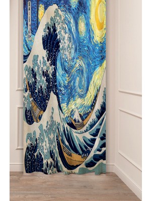 Greendecor Katsushika Hokusai Büyük Dalga Deniz Okyanus Ünli Eser Desenli Dijital Baskılı (Tek Kanat) Fon Perde