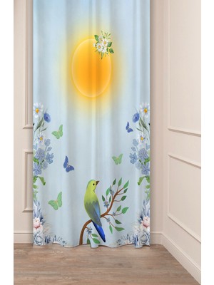 Greendecor Özel Tasarım Çiçek Yaprak Bülbül Güneş Papatya Desenli Dijital Baskılı (Tek Kanat) Modern Fon Perde