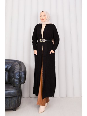 RAF Saç Örgü Şal Yaka Tesettür Triko Hırka Siyah