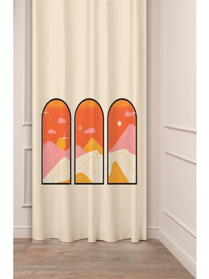 Greendecor Bohem Manzara Dağ Krem Bej Minimalist Desenli Özel Tasarım Dijital Baskılı (Tek Kanat) Şık Fon Perde