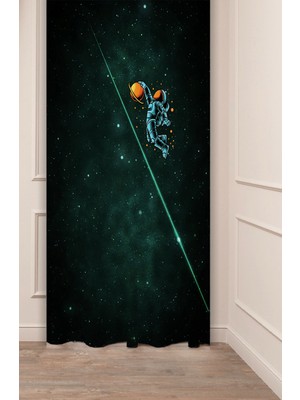 Greendecor Uzay Gezegen Astronot Yıldızlar Özel Tasarım Dijital Baskılı (Tek Kanat) Şık Modern Bohem Fon Perde