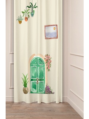 Greendecor Bohem Vazo Çiçek Yaprak Desenli Özel Tasarım Dijital Baskılı (Tek Kanat) Soft Modern Şık Fon Perde