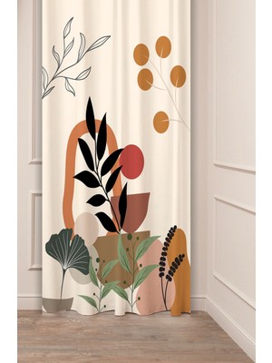 Greendecor Çiçekli Bohem Minimalist Yaprak Krem Bej Desenli Özel Tasarım Dijital Baskılı (Tek Kanat) Fon Perde
