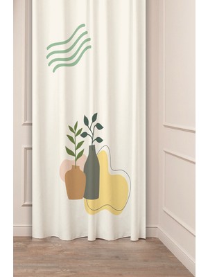 Greendecor Bohem Vazo Çiçek Yaprak Desenli Özel Tasarım Dijital Baskılı (Tek Kanat) Soft Modern Şık Fon Perde