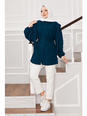Asm Omuz Detaylı Gizli Düğmeli Tesettür Gömlek Petrol