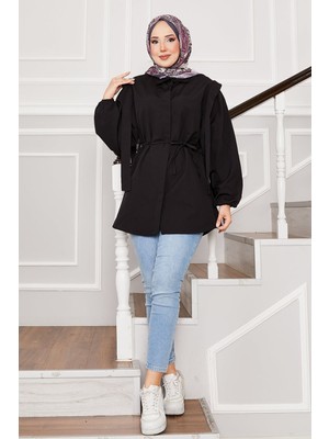 Asm Omuz Detaylı Gizli Düğmeli Tesettür Gömlek Siyah