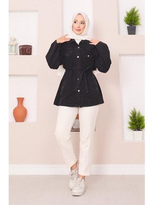 Md Cep Detaylı Seyyar Kuşaklı Kot Ceket Siyah