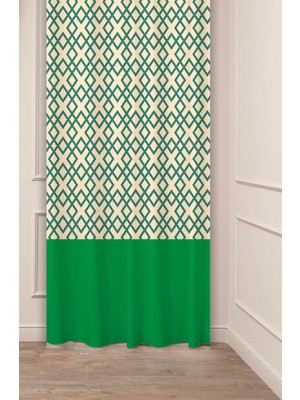 Greendecor Geometrik Çizgi Sade Soft Kare Desenli Özel Tasarım Dijital Baskılı (Tek Kanat) Yeşil Bej Fon Perde