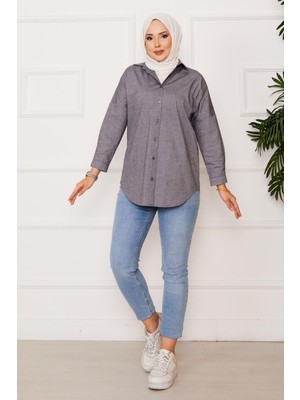 Hal Boydan Düğmeli Spor Gömlek Gri