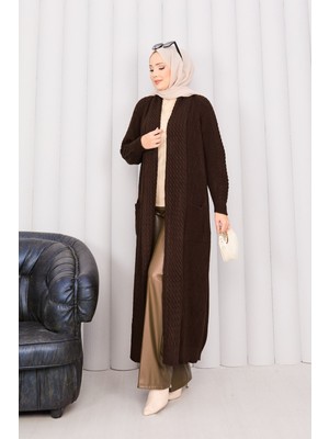 RAF Saç Örgü Şal Yaka Tesettür Triko Hırka Kahve