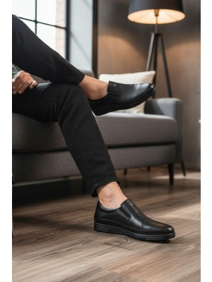 Enoch Hakiki Deri Siyah Ortopedik Sade Düz Model Erkek Baba Ayakkabı
