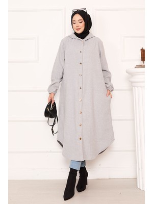 Nz Kapüşonlu Boydan Düğmeli Kaşe Kap Gri