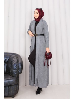 RAF Saç Örgü Şal Yaka Tesettür Triko Hırka Gri