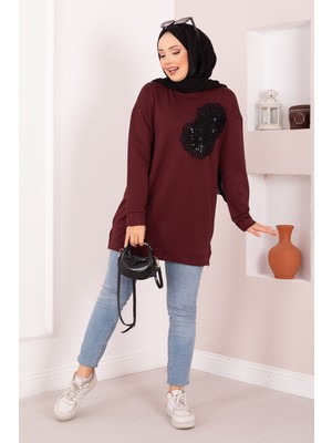 Cvn Çiçek Nakışlı Oyşo Tesettür Tunik Bordo