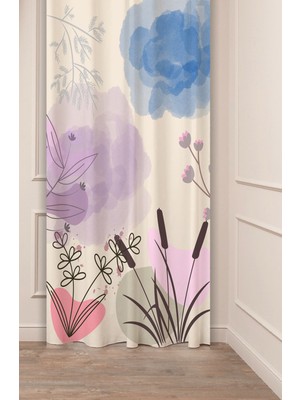 Greendecor Bohem Çiçekler Yaprak Bej Krem Desenli Özel Tasarım Dijital Baskılı (Tek Kanat) Modern Fon Perde