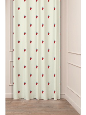 Greendecor Çilek Bohem Bej Mutfak Odası Desenli Özel Tasarım Dijital Baskılı (Tek Kanat) Modern Şık Fon Perde