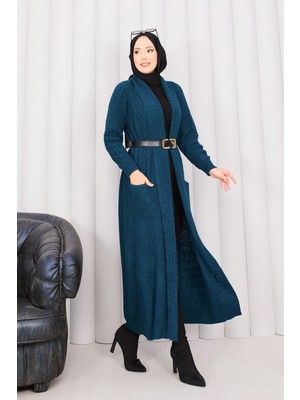 RAF Saç Örgü Şal Yaka Tesettür Triko Hırka Petrol