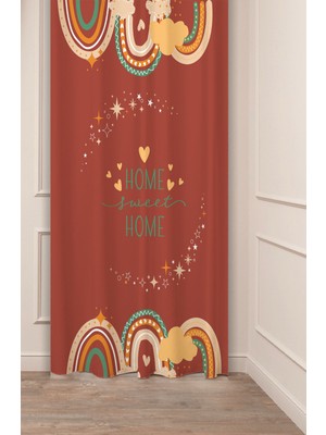 Greendecor Bohem Çiçek Yaprak Gökkuşağı Sweet Home Desenli Özel Tasarım Dijital Baskılı (Tek Kanat) Fon Perde