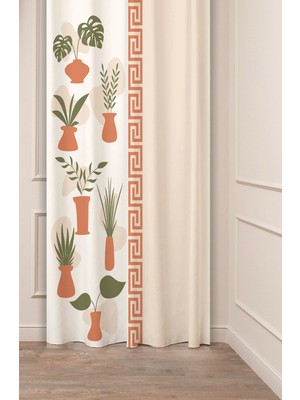 Greendecor Özel Tasarım Bohem Yaprak Vazo Çiçek Ethnic African Desenli Dijital Baskılı (Tek Kanat) Fon Perde