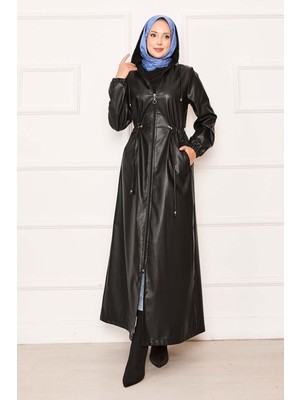 Frh Beli Tünel Kuşaklı Kapüşonlu Deri Kap Siyah