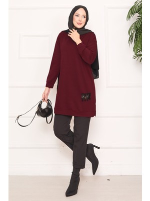 Cvn Taş Işlemeli Ponponlu Tesettür Tunik Bordo