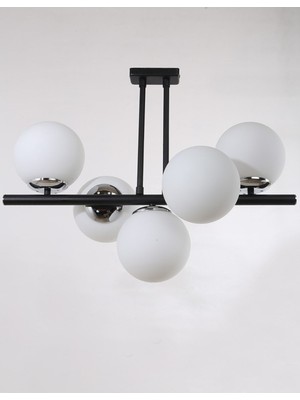 Normadia Şık Siyah Krom Kaplama Beyaz Camlı 5'li Avize