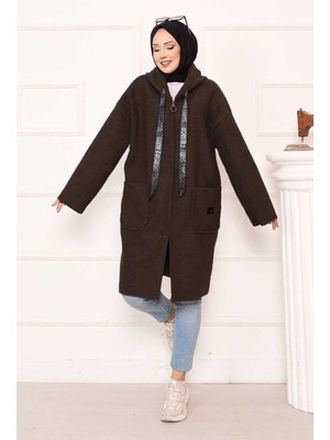 Mat Fermuarlı Kapüşonlu Buklet Kap Kahve