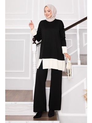 Frx Taş Düğmeli İki Renk Triko Takım Siyah
