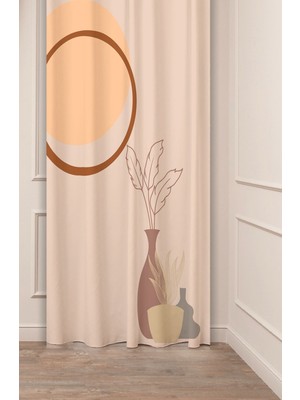 Greendecor Yaprak Vazo Bohem Minimalist Bej Krem Desenli Özel Tasarım Dijital Baskılı (Tek Kanat) Şık Fon Perde