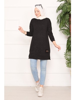 Cvn Taş İşlemeli Ponponlu Tesettür Tunik Antrasit