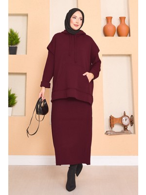 RAF Kapüşonlu Süveter Detaylı Tesettür İkili Elbise Takım Bordo