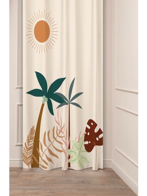 Greendecor Bohem Palmiye Yaprak Güneş Sade Soft Bej Desenli Özel Tasarım Dijital Baskılı (Tek Kanat) Fon Perde
