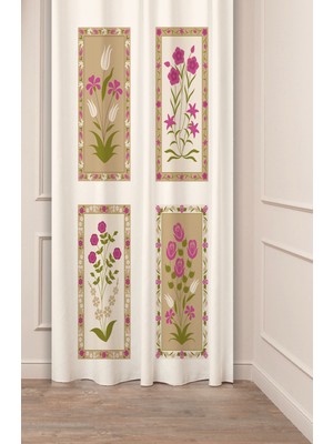 Greendecor Etnik Anadolu Motif Çiçek Pastel Bohem Özel Tasarım Dijital Baskılı (Tek Kanat) Bej Krem Fon Perde