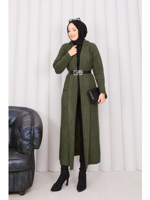 RAF Saç Örgü Şal Yaka Tesettür Triko Hırka Haki