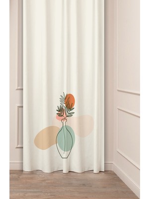 Greendecor Bohem Yaprak Güneş Vazo Ekru Özel Tasarım Soft Dijital Baskılı (Tek Kanat) Modern Şık Fon Perde