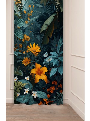 Greendecor Çiçek Yeşil Yaprak Desenli Dijital Baskılı Fon Perde (Tek Kanat) Renkli Modern Doğa Tasarımlı Perde