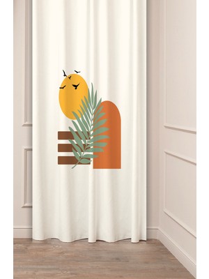 Greendecor Bohem Model Yaprak Güneş Kuş Desenli Özel Tasarım Dijital Baskılı (Tek Kanat) Bej Krem Şık Fon Perde