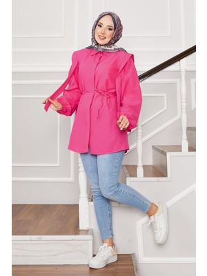 Asm Omuz Detaylı Gizli Düğmeli Tesettür Gömlek Fuşya