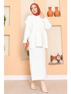 RAF Kapüşonlu Süveter Detaylı Tesettür İkili Elbise Takım Ekru