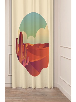 Greendecor Kaktüs Çöl Gökyüzü Bej Bohem Desenli Özel Tasarım Dijital Baskılı (Tek Kanat) Modern Şık Fon Perde